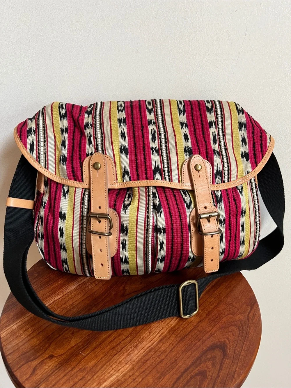 Carven southwestern leather trimmed Woven Crossbody Tan Trim adjusting strap